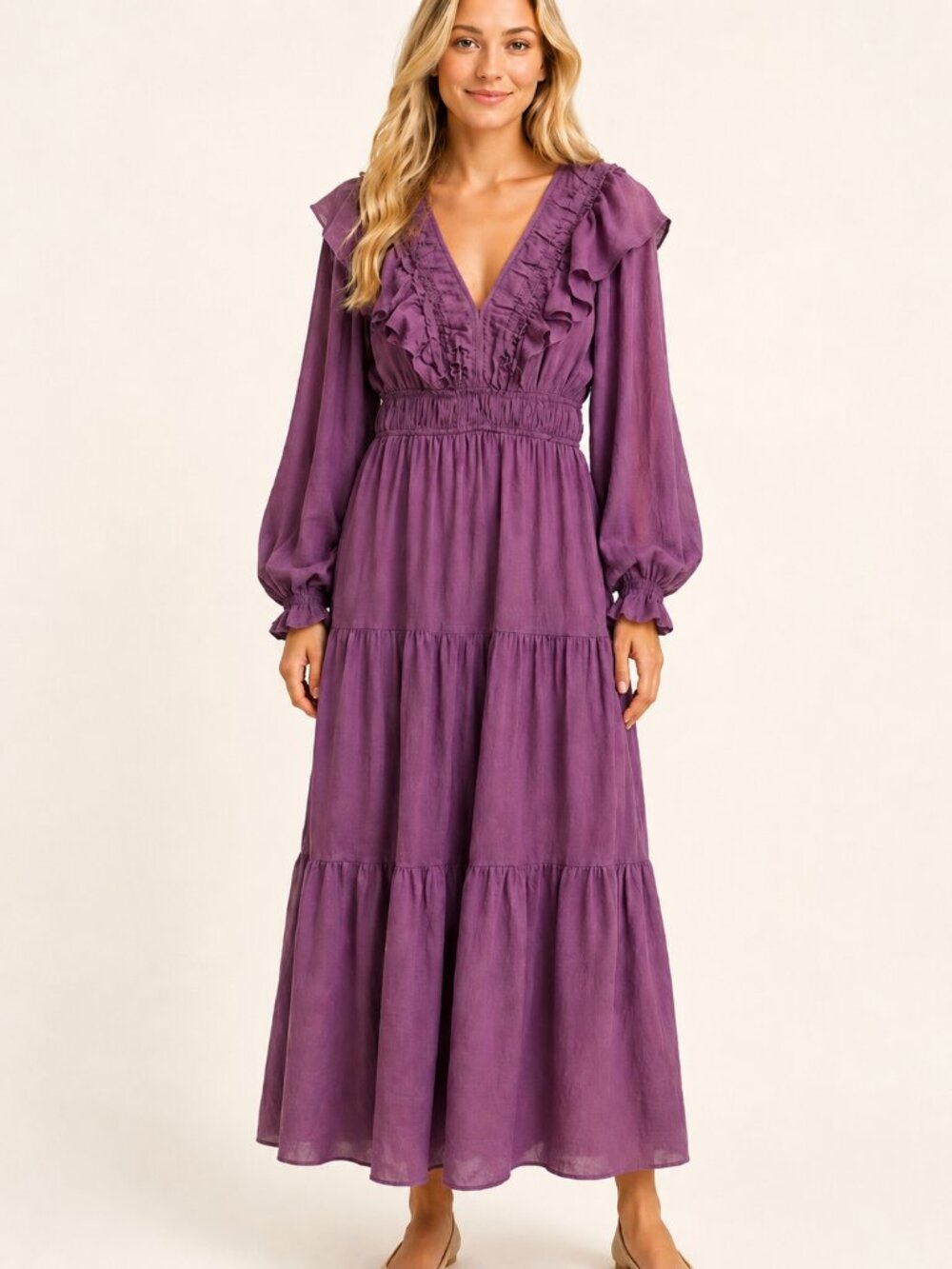 &merci Purple Ruffle Tiered Maxi Dress V-Neck Med Boho Romantic Cottage NEW